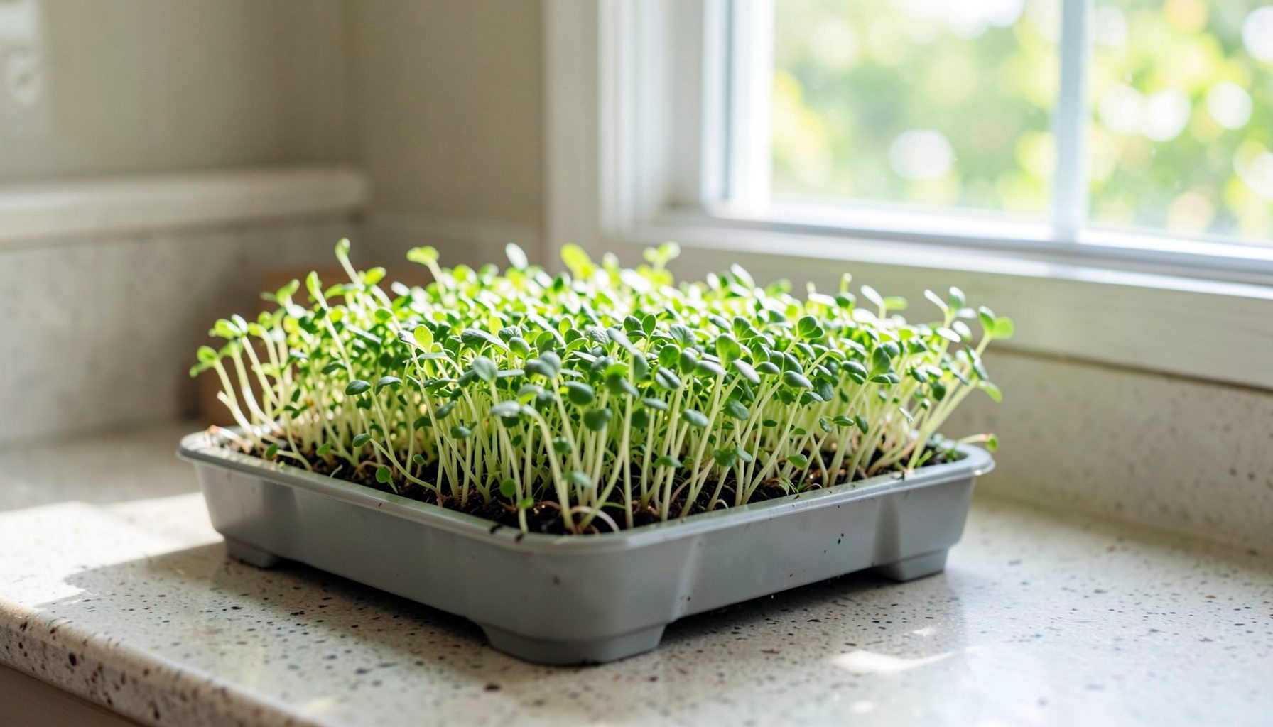 Tray of fresh green microgreens growing on a kitchen counter near a sunny window, bright fresh green and white tones