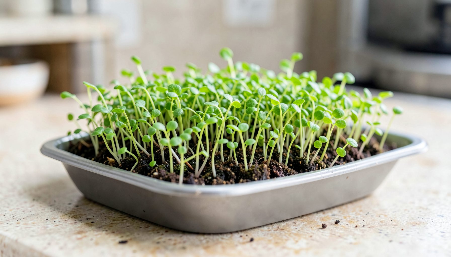A shallow tray of vibrant microgreens growing on a kitchen bench, bright green sprouts against dark soil, fresh and clean