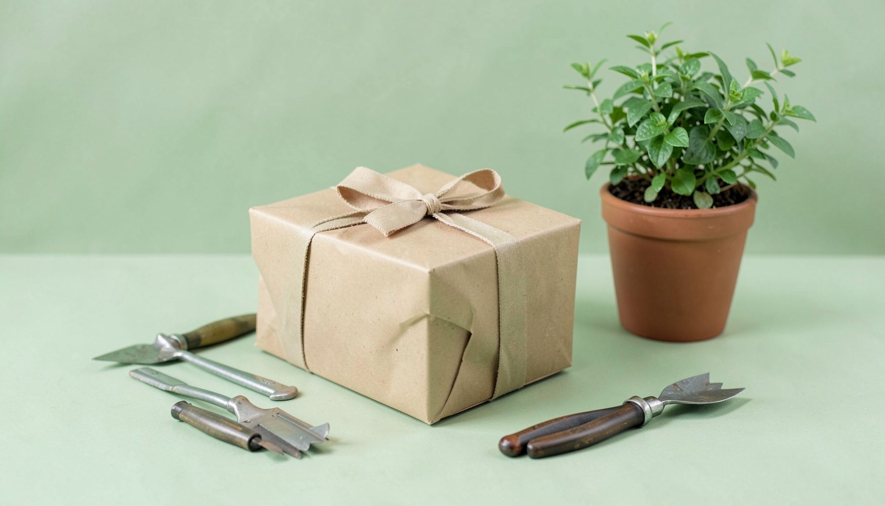 Wrapped gift box surrounded by small gardening tools and a potted plant, soft green and neutral colour palette