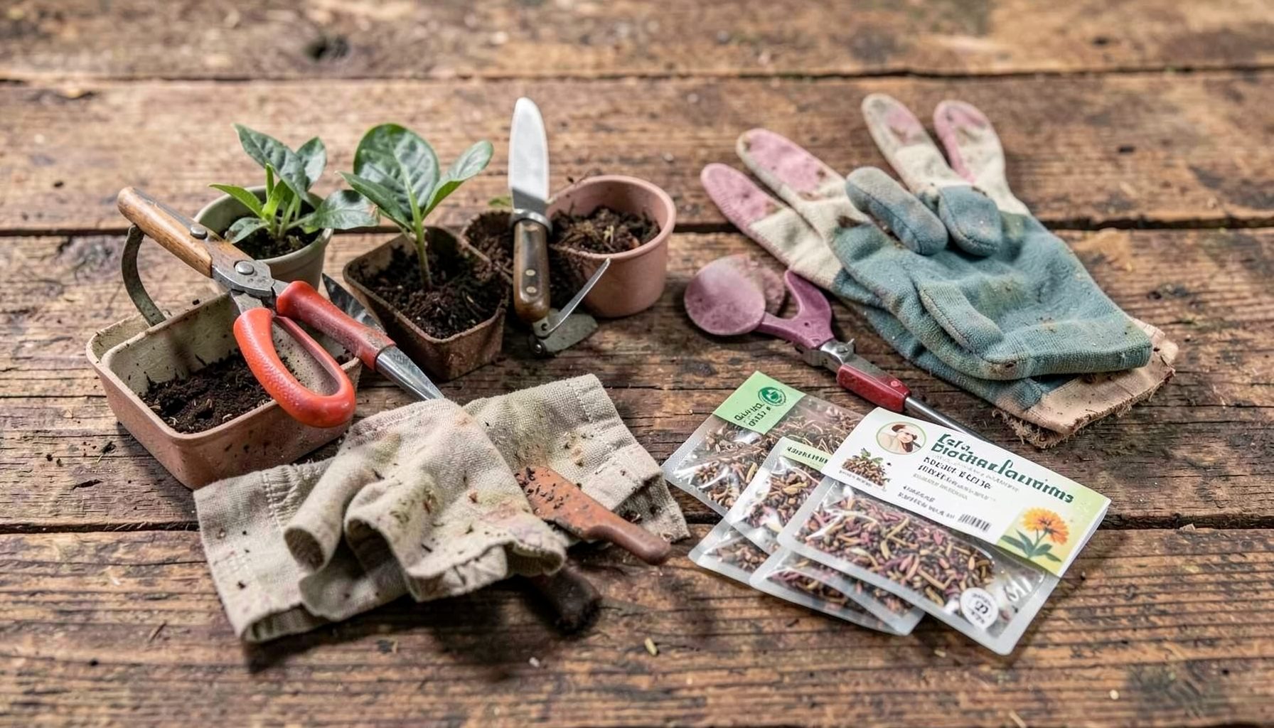 Compact gardening kit with small tools, gloves and seed packets laid out on a rustic wooden surface, earthy tones
