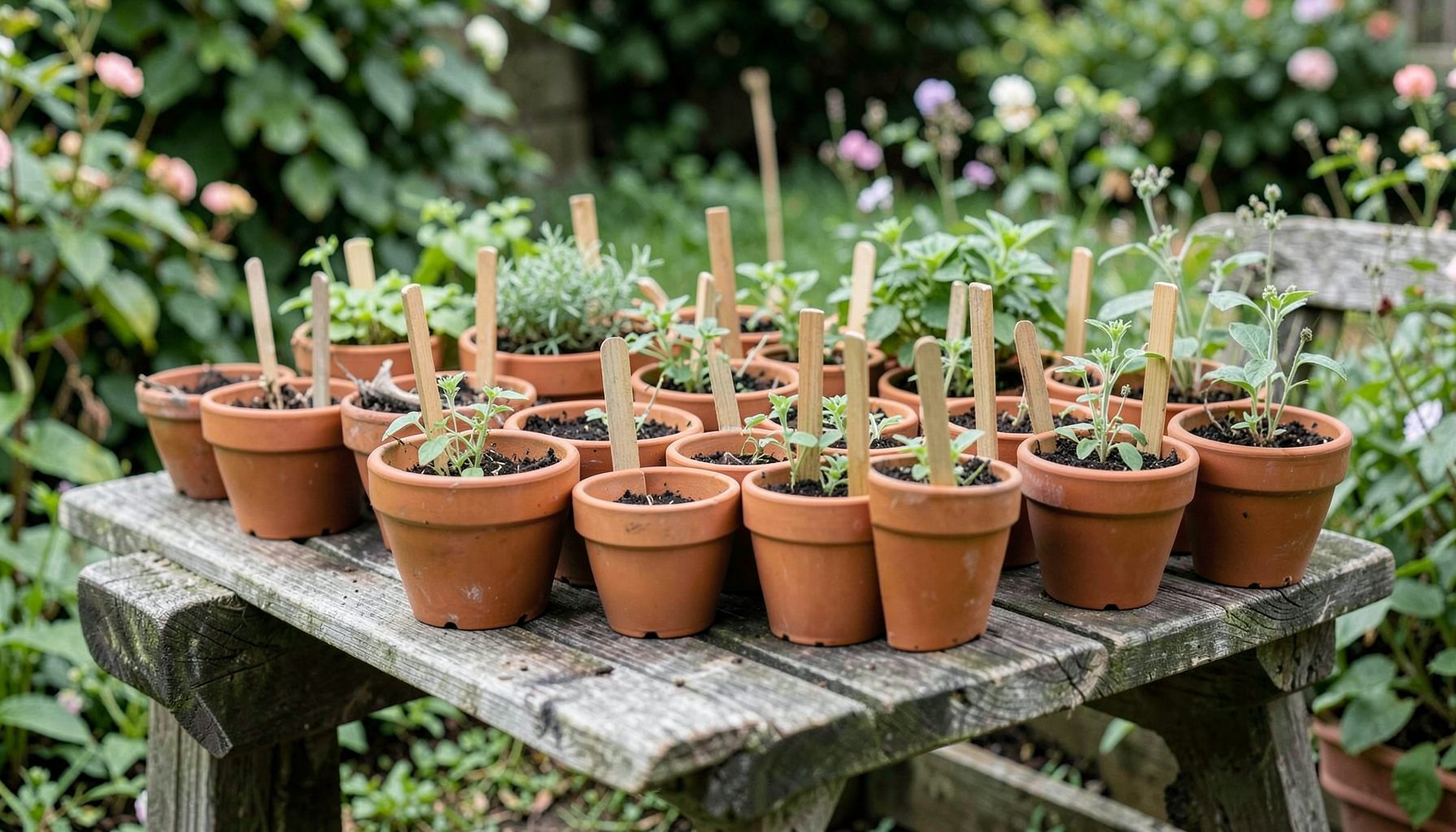 Rows of small terracotta pots and wooden plant markers arranged on a garden bench, warm earthy browns and soft greens creating a relaxed garden mood