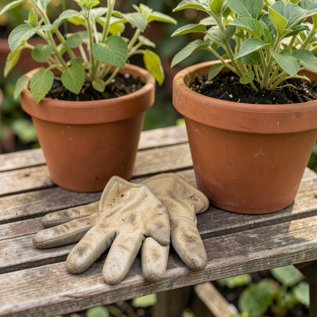A pair of well-worn gardening gloves resting on a wooden bench beside a terracotta pot with leafy greens, warm earthy tones