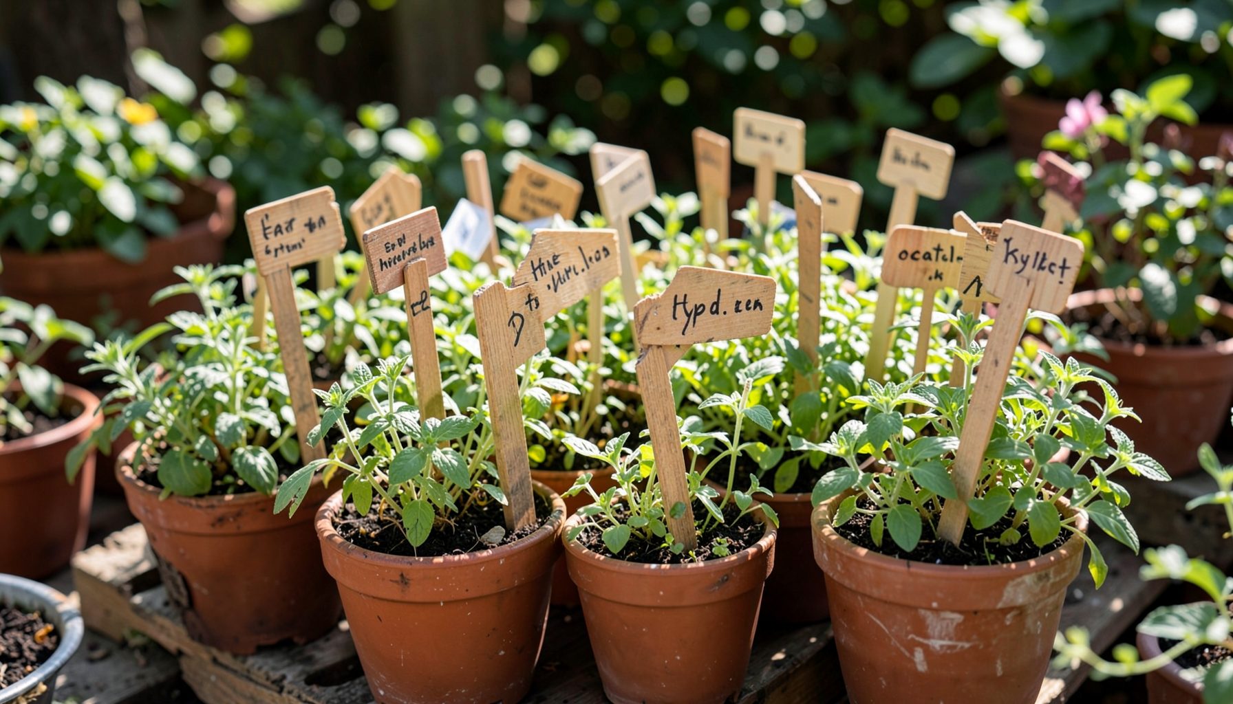 Wooden plant markers with handwritten-style labels tucked into pots of herbs in a rustic garden setting