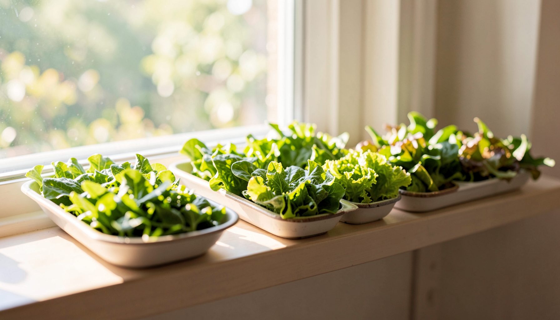 A bright indoor setup with several small trays of leafy greens arranged on a shelf near a window, bathed in warm natural light
