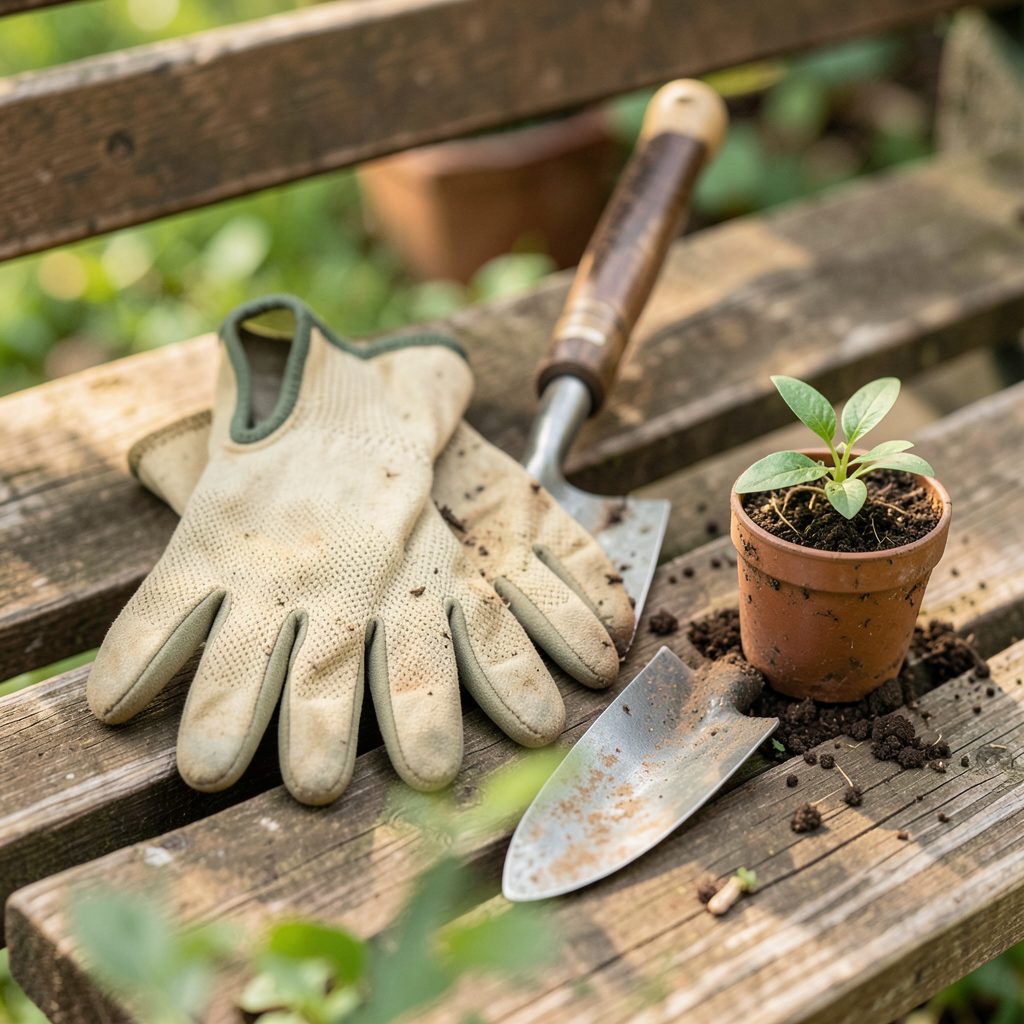 A pair of gardening gloves resting on a wooden bench beside a trowel and a small potted seedling, warm earthy tones