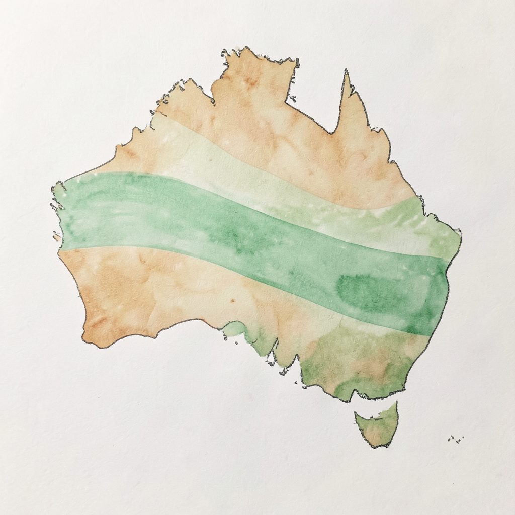 A hand-drawn map of Australia with soft green climate zone bands stretching across the continent, warm earthy tones