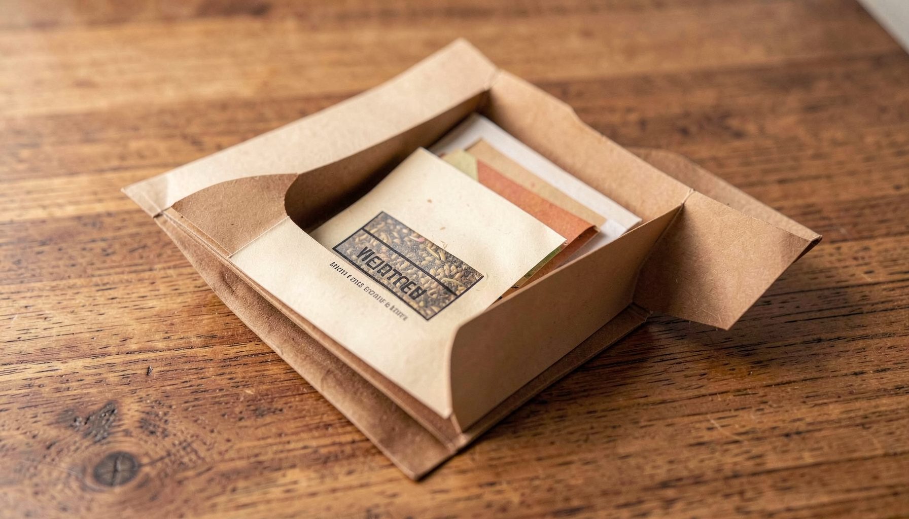 Small book-style seed storage folder open on a wooden table with paper seed packets tucked inside, warm brown and cream tones