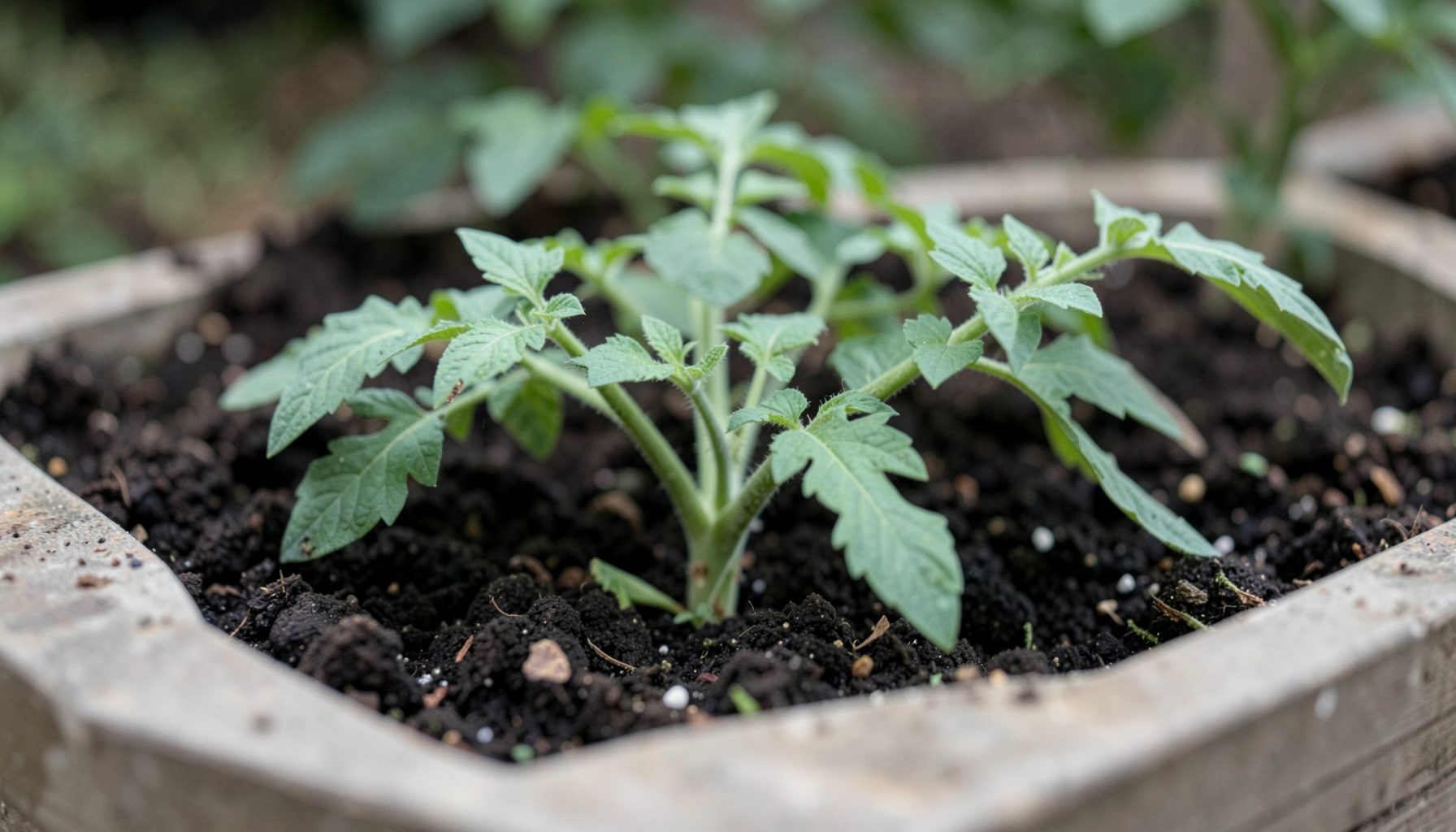 Close-up of green tomato seedlings and dark soil in a raised garden bed, calm and earthy mood with muted greens and browns