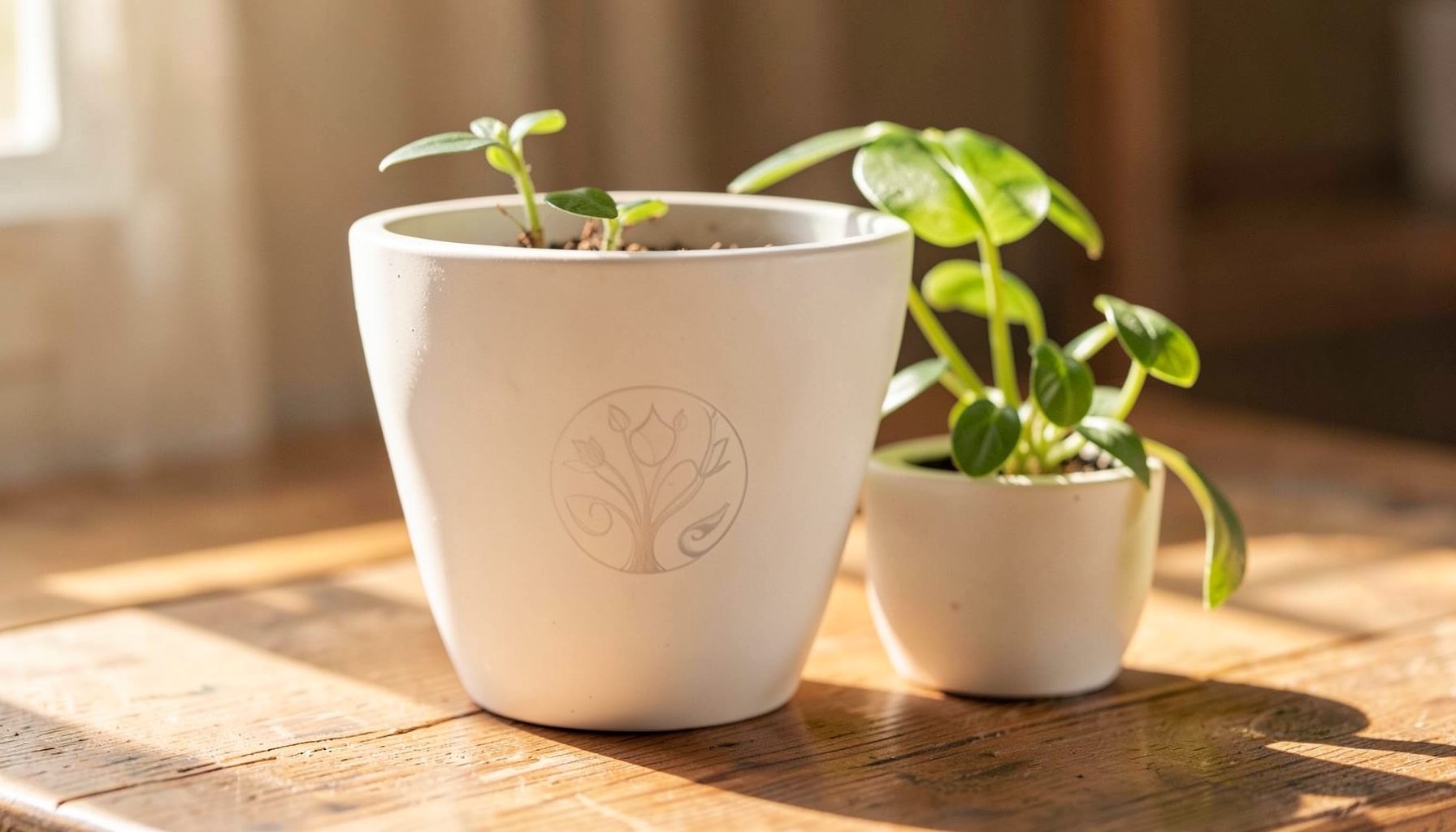 White terracotta planter pot with a subtle vinyl decal on a sunlit timber table beside a small leafy seedling
