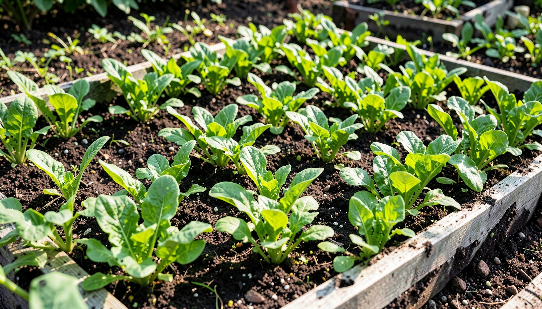 Rows of leafy green vegetable seedlings in a raised garden bed, rich dark soil, dappled sunlight, fresh and vibrant