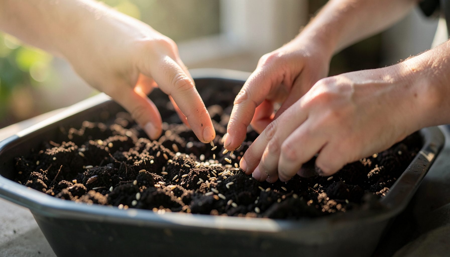 A pair of hands gently scattering tiny seeds over a tray of dark potting mix, with soft daylight streaming across the scene