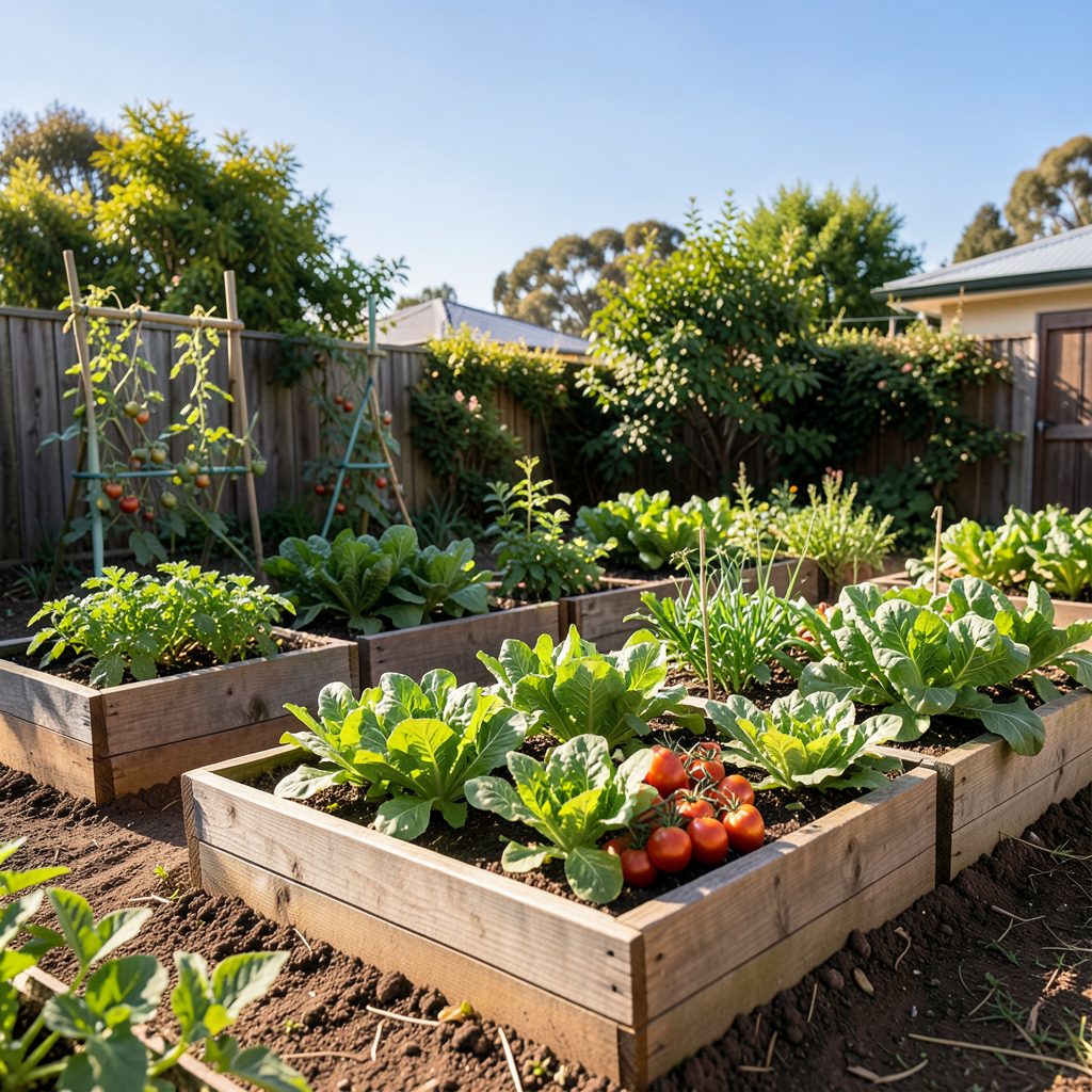 A sunlit Australian backyard vegetable garden with raised beds full of leafy greens and ripening tomatoes, warm earthy tones